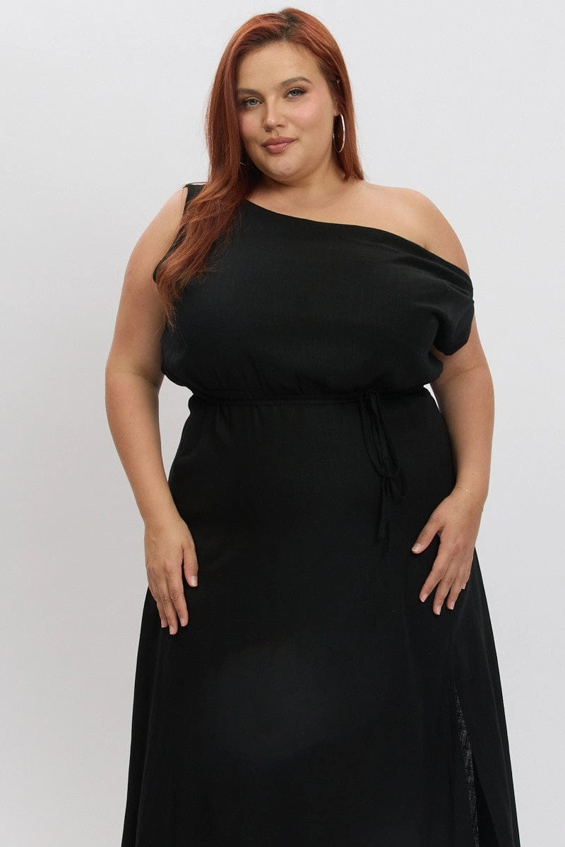 Layer Light Black Midi Dress Sleeveless Asymmetrical Linen Blend