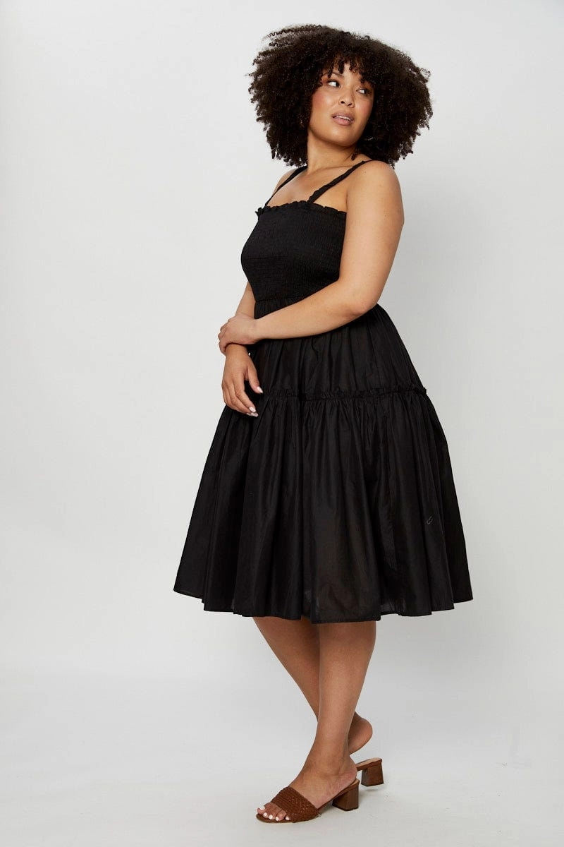 Cloud Light Black Midi Dress Square Neck Sleeveless