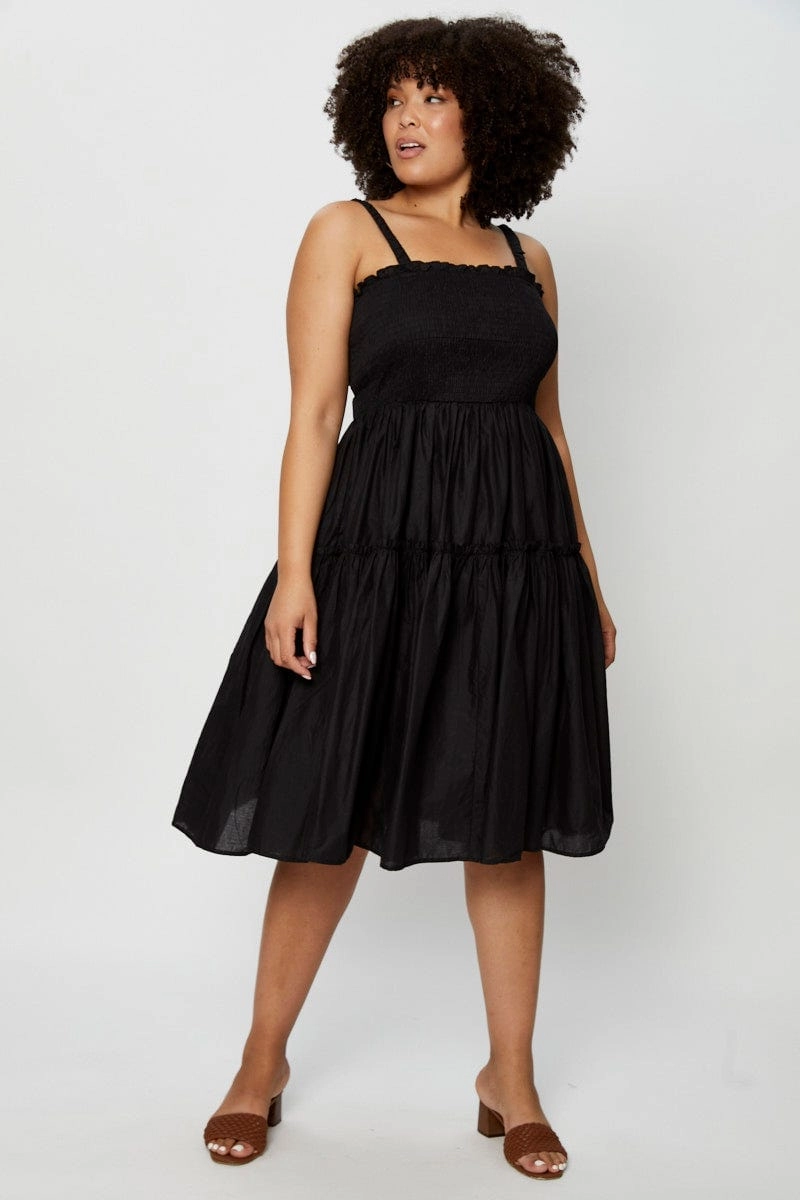 Multipurpose Black Midi Dress Square Neck Sleeveless