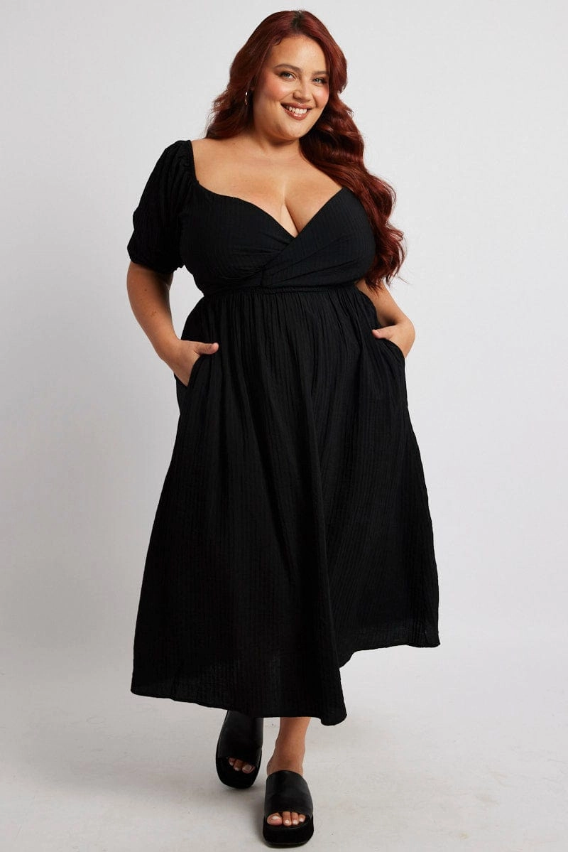 Black Midi Dress Textured Wrapover Elastic Waist Detail Collar Accent