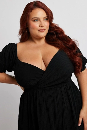 Black Midi Dress Textured Wrapover Elastic Waist Detail Pure Motion