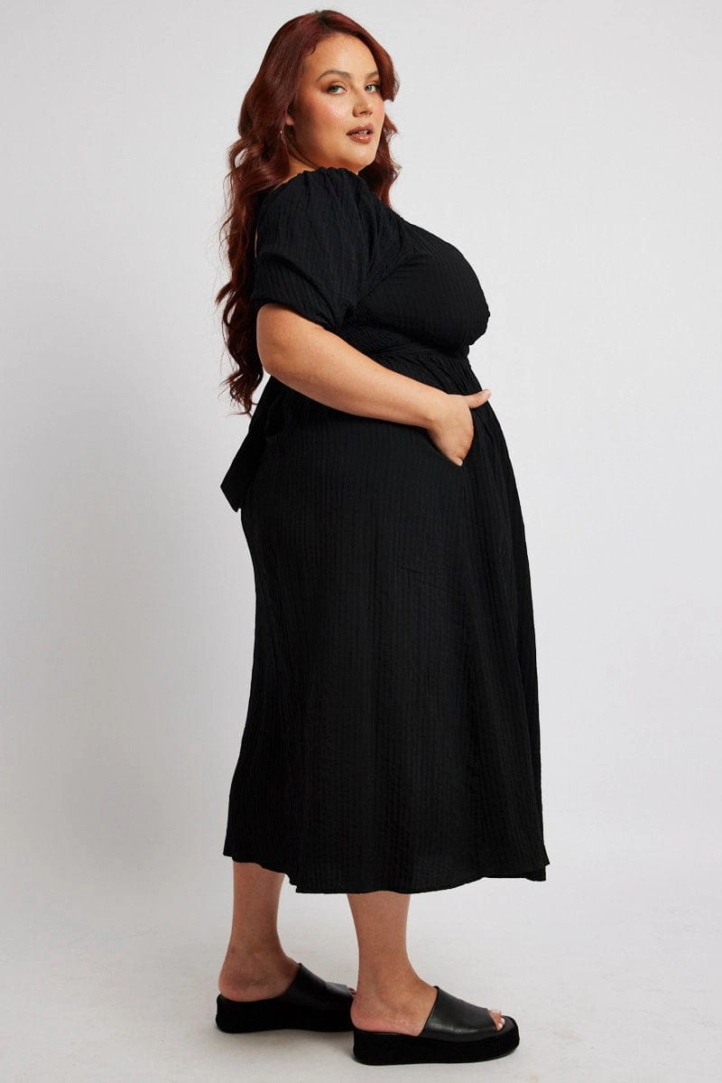 Easy Match Straight-Cut Black Midi Dress Textured Wrapover Elastic Waist Detail