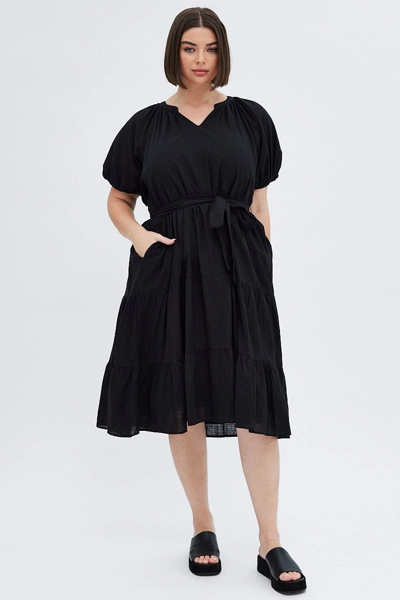 Black Midi Dress Tiered Notch Collar Belted Cool Texture