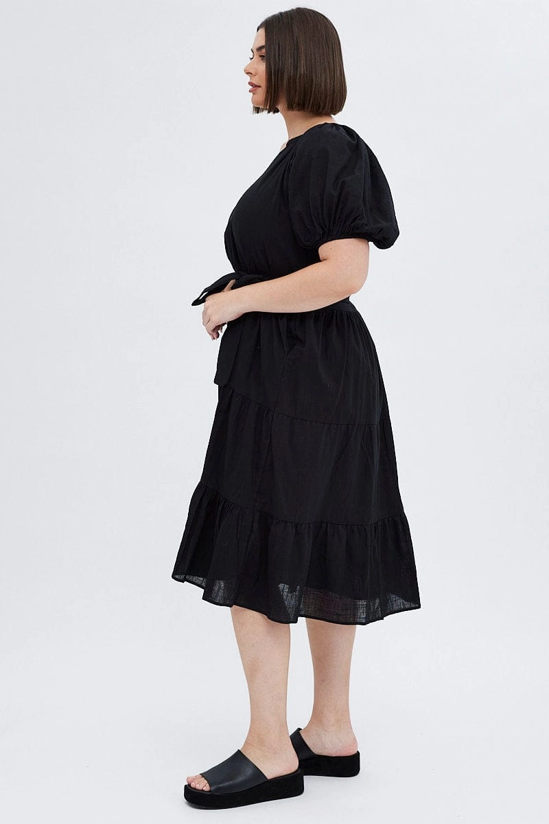 City Casual Black Midi Dress Tiered Notch Collar Belted