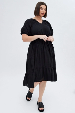 Black Midi Dress Tiered Notch Collar Belted Smart Layer