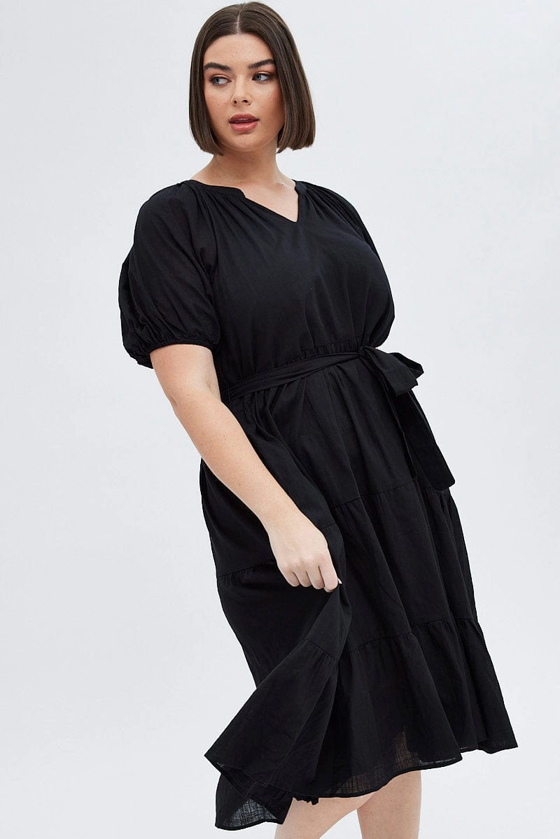 Cool Season Modern Movement Black Midi Dress Tiered Notch Collar Belted