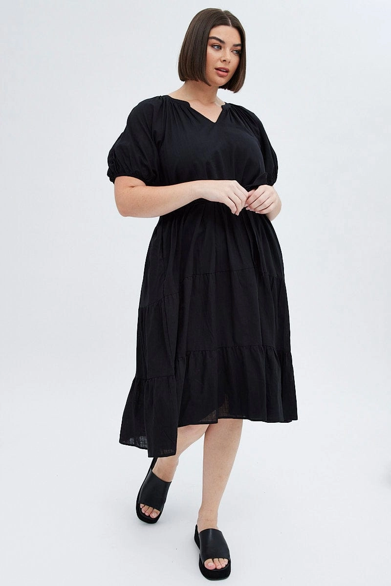 Black Midi Dress Tiered Notch Collar Belted Smart Layer