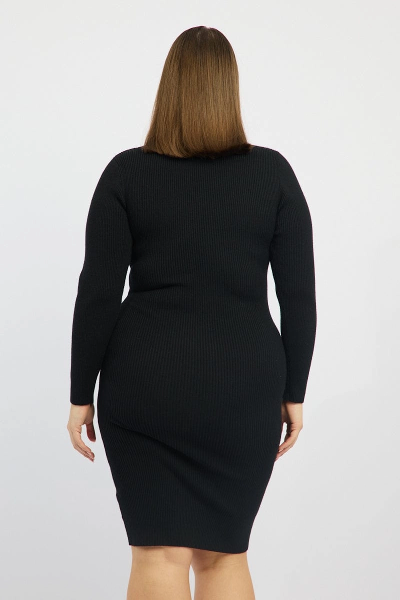 Romantic dinner wear Black Midi Knit Bodycon Dress V-neck Long Sleeve