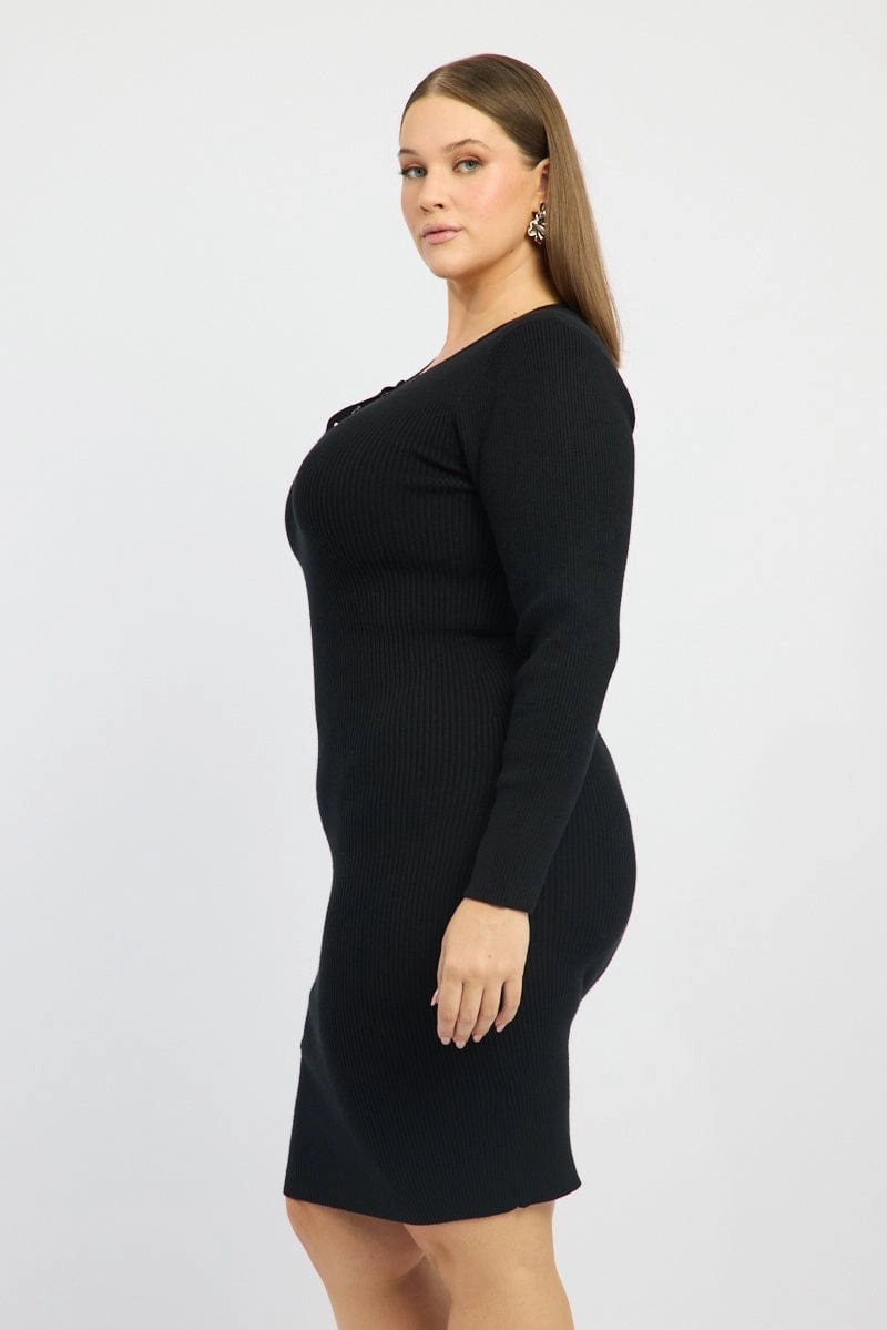 Romantic Style Refined Aesthetic Black Midi Knit Bodycon Dress V-neck Long Sleeve