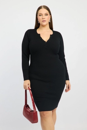 Smart Shape Black Midi Knit Bodycon Dress V-neck Long Sleeve