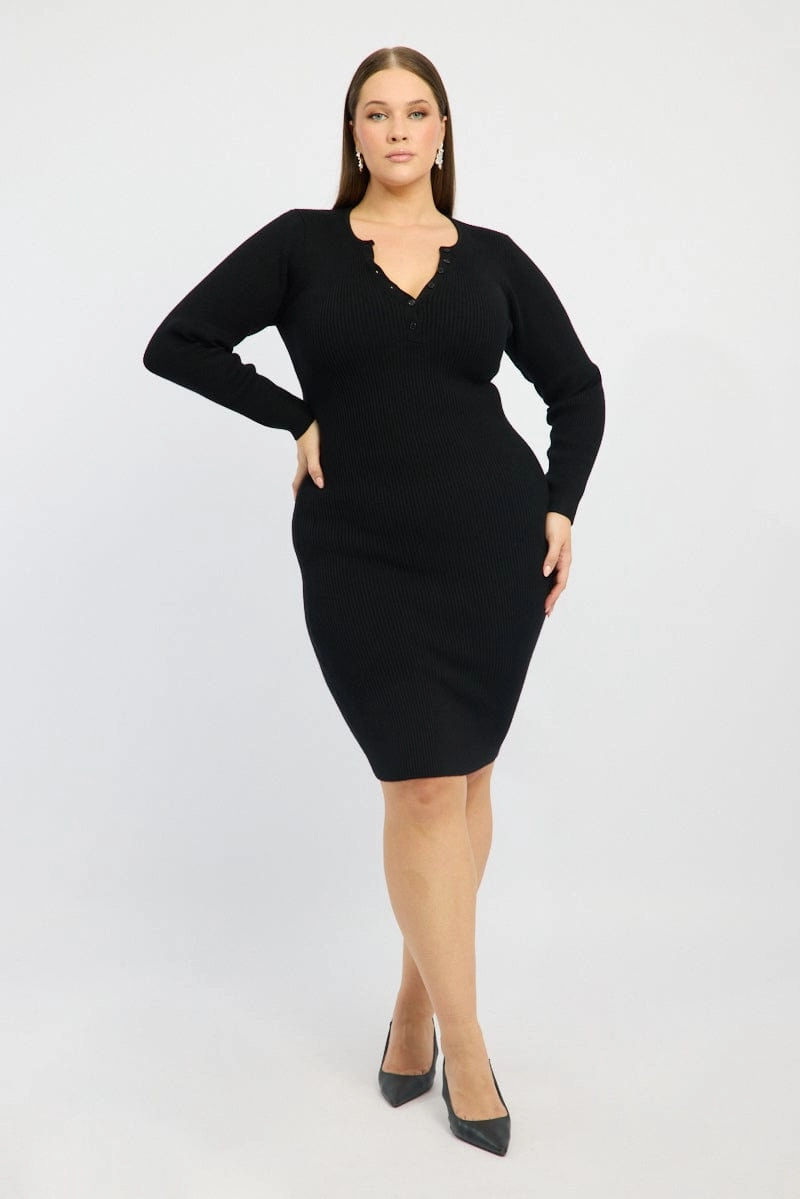 Black Midi Knit Bodycon Dress V-neck Long Sleeve Satin Glow Fine Details