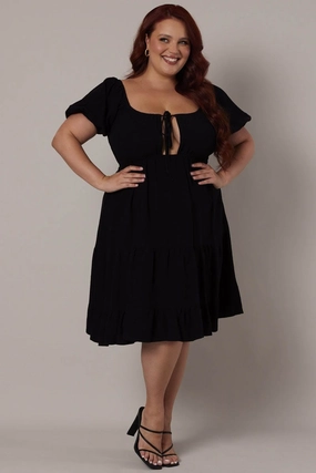 Black Mini Dress Linen Blend Puff Sleeve Sweetheart Neck Cozy Comfort