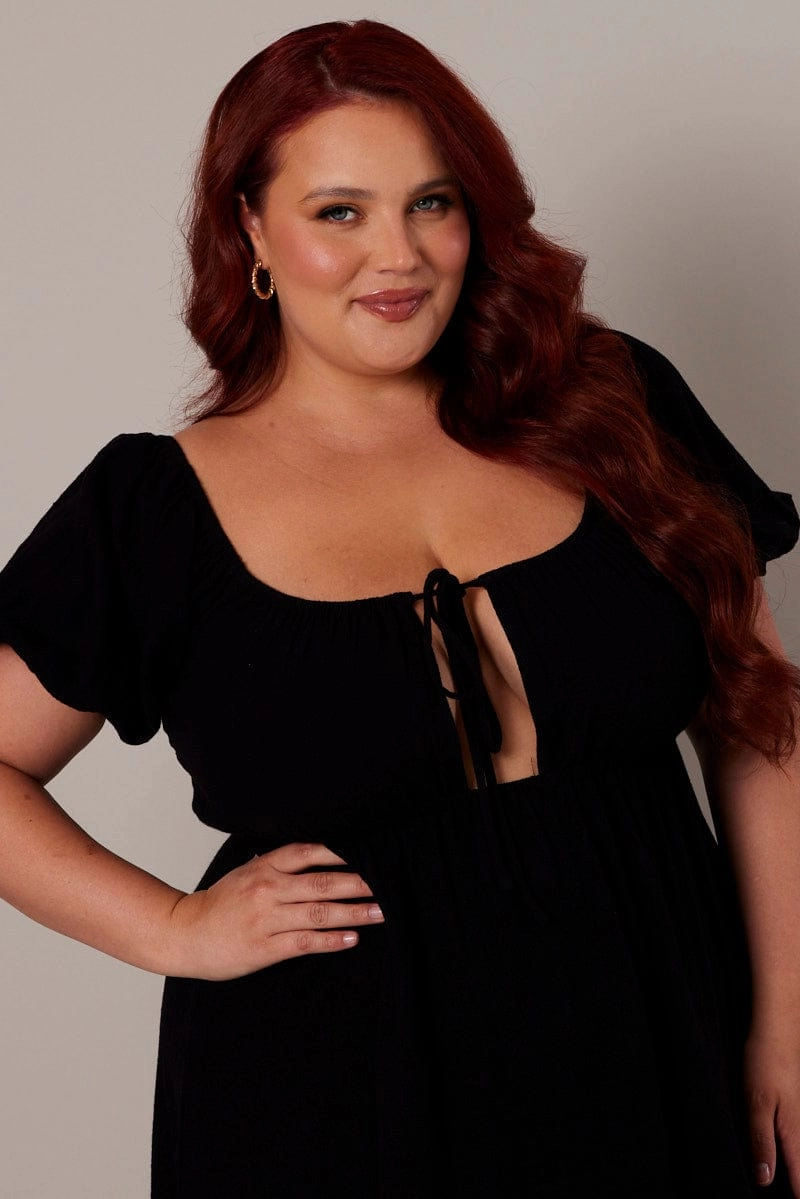 Black Mini Dress Linen Blend Puff Sleeve Sweetheart Neck Gentle Stitch