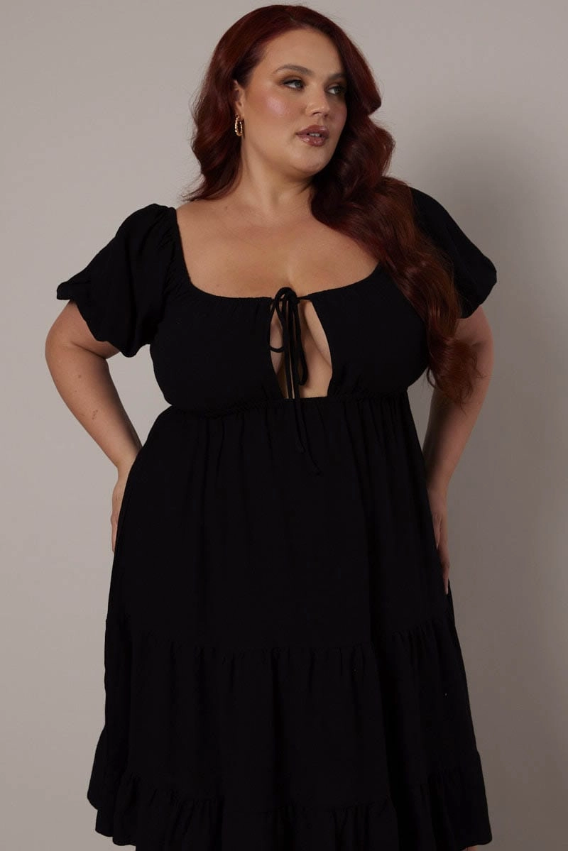 Tactile Feel Black Mini Dress Linen Blend Puff Sleeve Sweetheart Neck