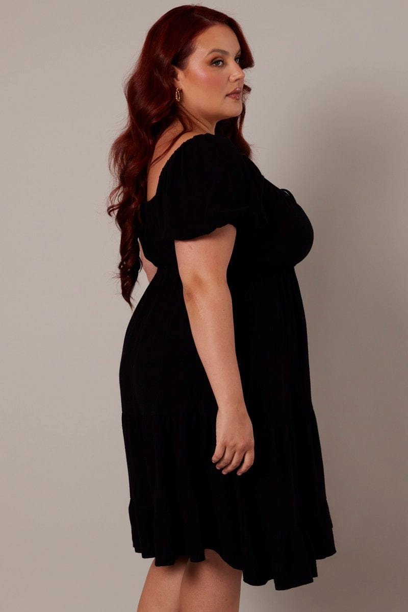 Black Mini Dress Linen Blend Puff Sleeve Sweetheart Neck Comfy Detail Resort-Wear