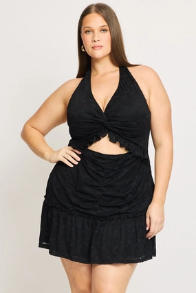 Day Romance Comfortable Design Black Mini Lace Dress Halter Neck Cut Out