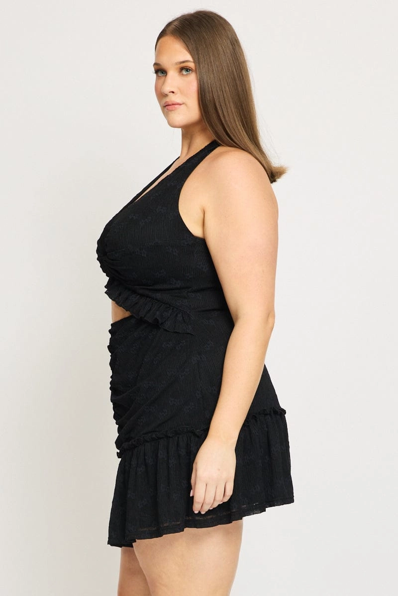 Date-Night skin friendly Black Mini Lace Dress Halter Neck Cut Out