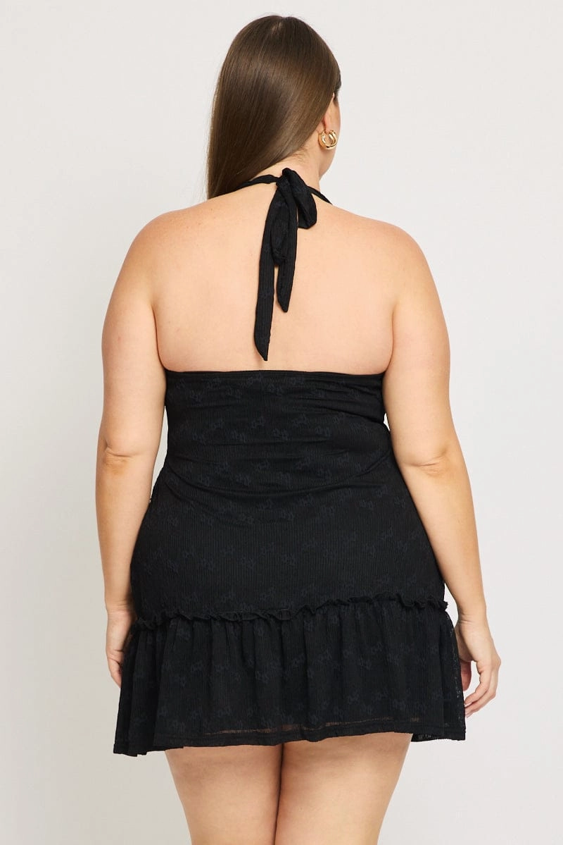 Simple Ease Black Mini Lace Dress Halter Neck Cut Out