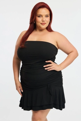 Black Mini Ruffle Dress Strapless Ruched Jersey All Inclusive Autumn-Season