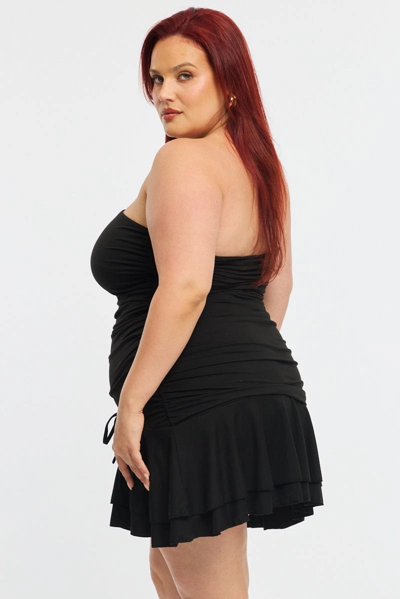 Flower Grace Stylish Line Black Mini Ruffle Dress Strapless Ruched Jersey