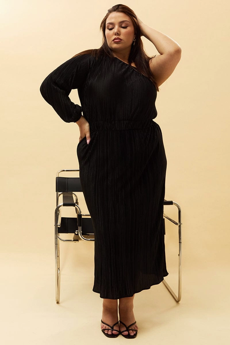 Black Plisse Pleat One Sleeve Dress Inner Feel Fitted Neat