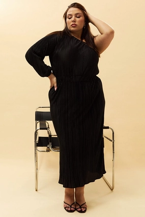 Black Plisse Pleat One Sleeve Dress Inner Feel Fitted Neat