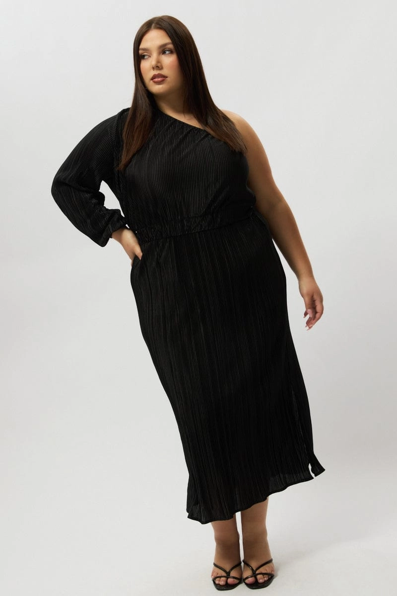 Tonal-Stitching Black Plisse Pleat One Sleeve Dress