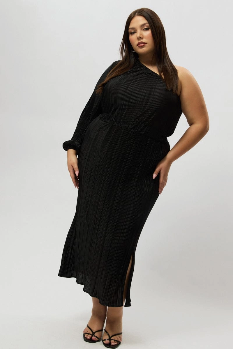 Black Plisse Pleat One Sleeve Dress Shiny surface