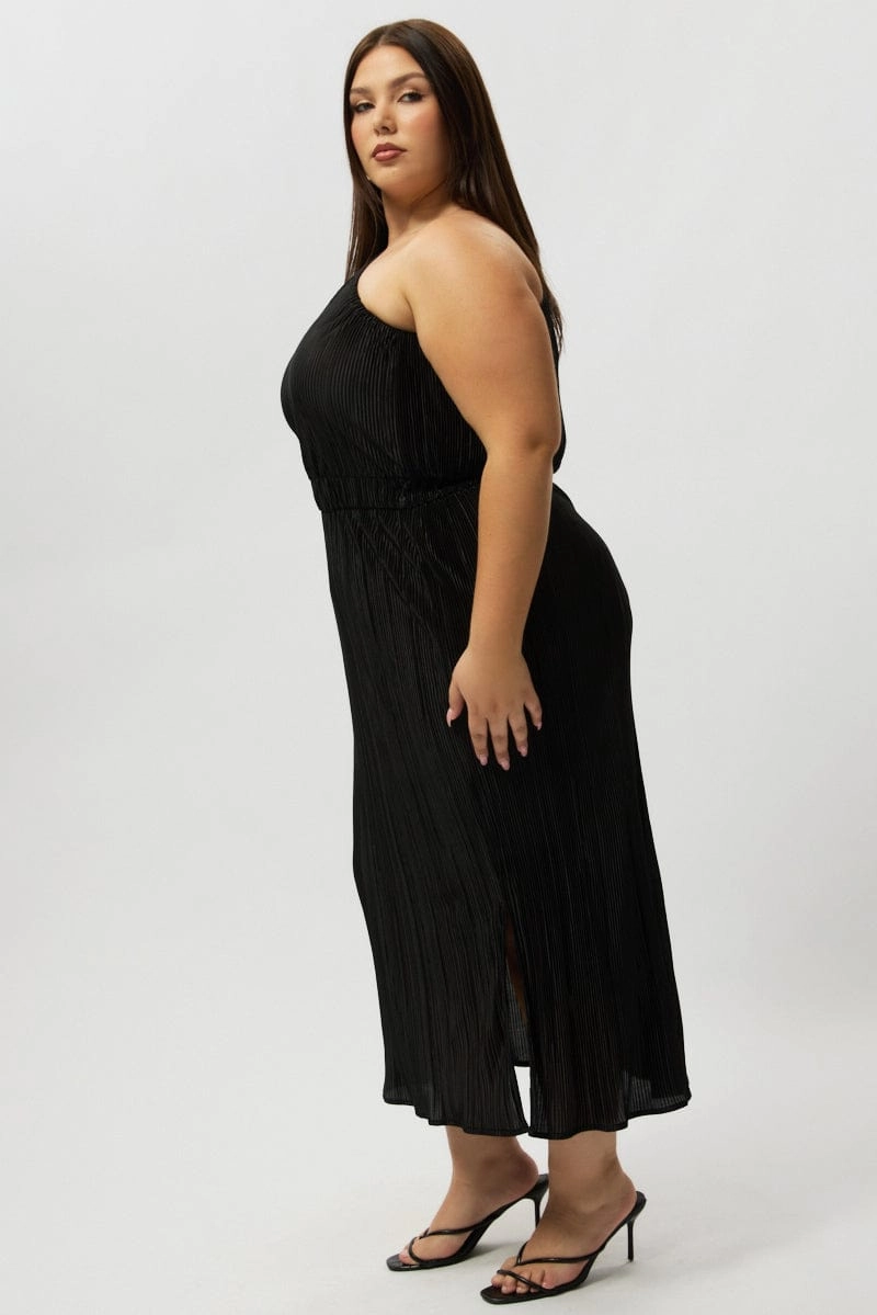 Black Plisse Pleat One Sleeve Dress loose silhouette Trend-Inspired