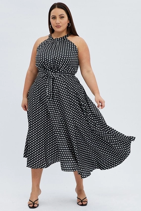 Modern Waistband Black Polka Dot Midi Dress Sleeveless High Neck Satin