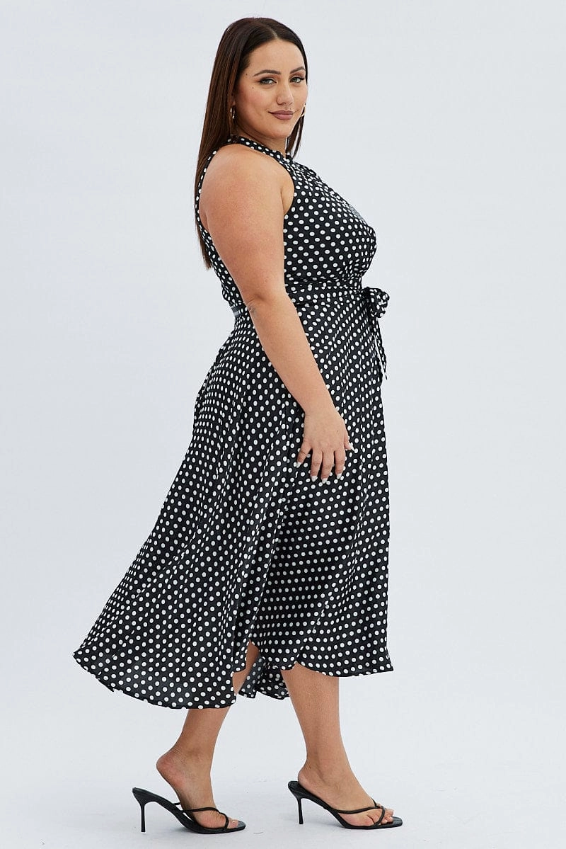 Polished Finish Bow Glow Black Polka Dot Midi Dress Sleeveless High Neck Satin