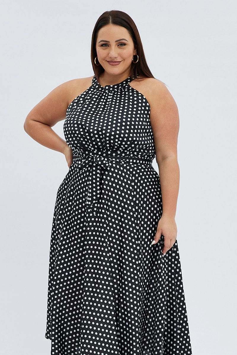 Contrasting Detail Black Polka Dot Midi Dress Sleeveless High Neck Satin