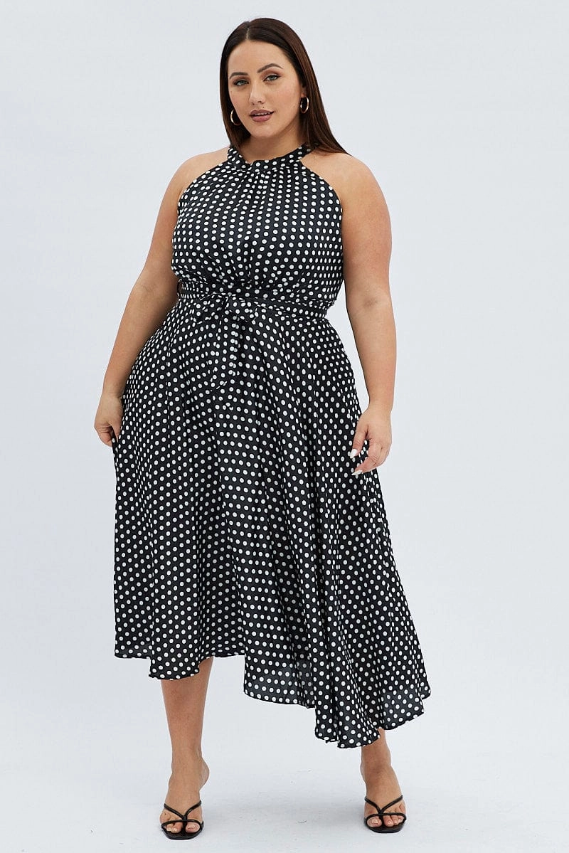 Black Polka Dot Midi Dress Sleeveless High Neck Satin Calm Mood