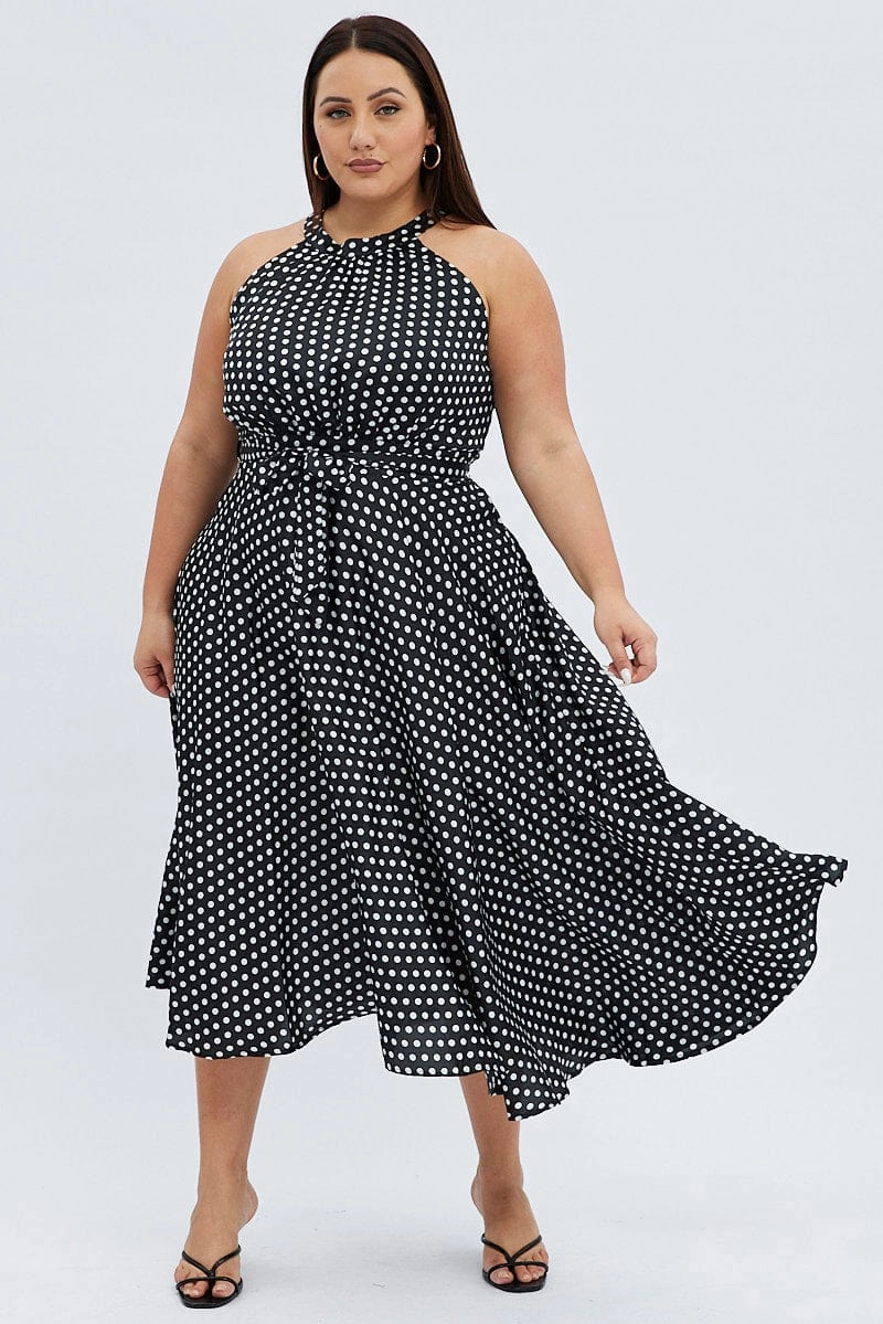 Modern Waistband Black Polka Dot Midi Dress Sleeveless High Neck Satin