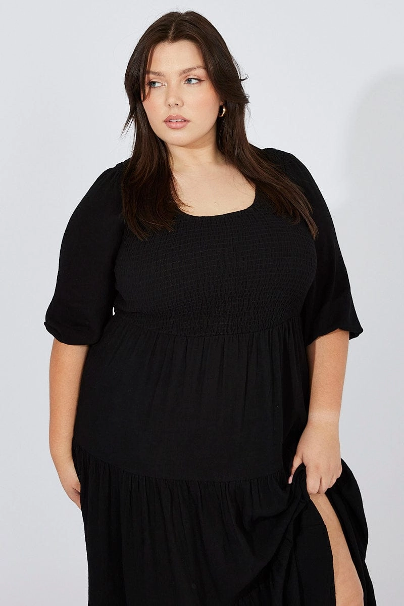 Flattering Waist Black Shirred Bodice Linen Blend Maxidress Puff Sleeve