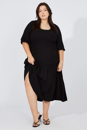 Airy Comfort Black Shirred Bodice Linen Blend Maxidress Puff Sleeve