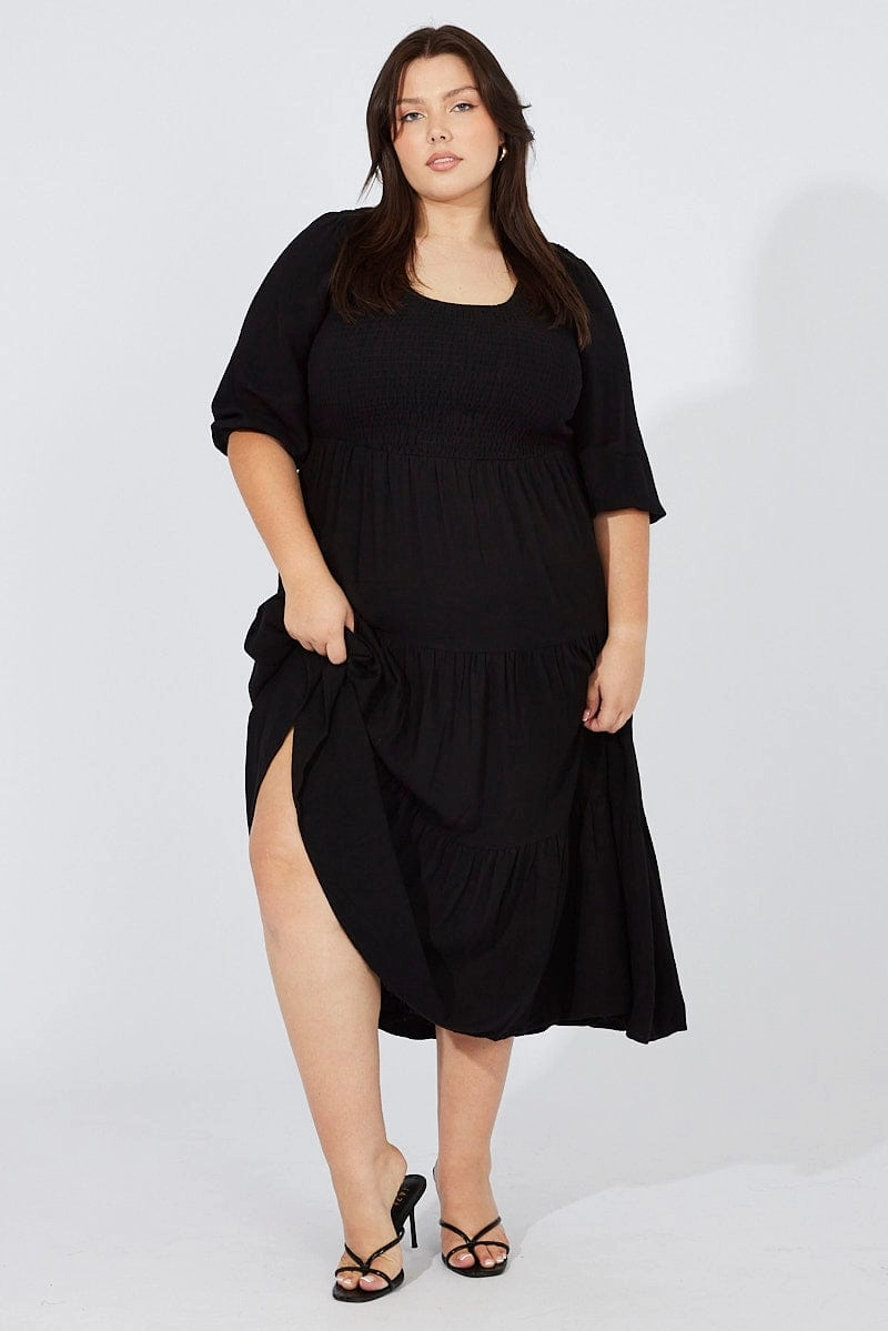 Airy Comfort Black Shirred Bodice Linen Blend Maxidress Puff Sleeve