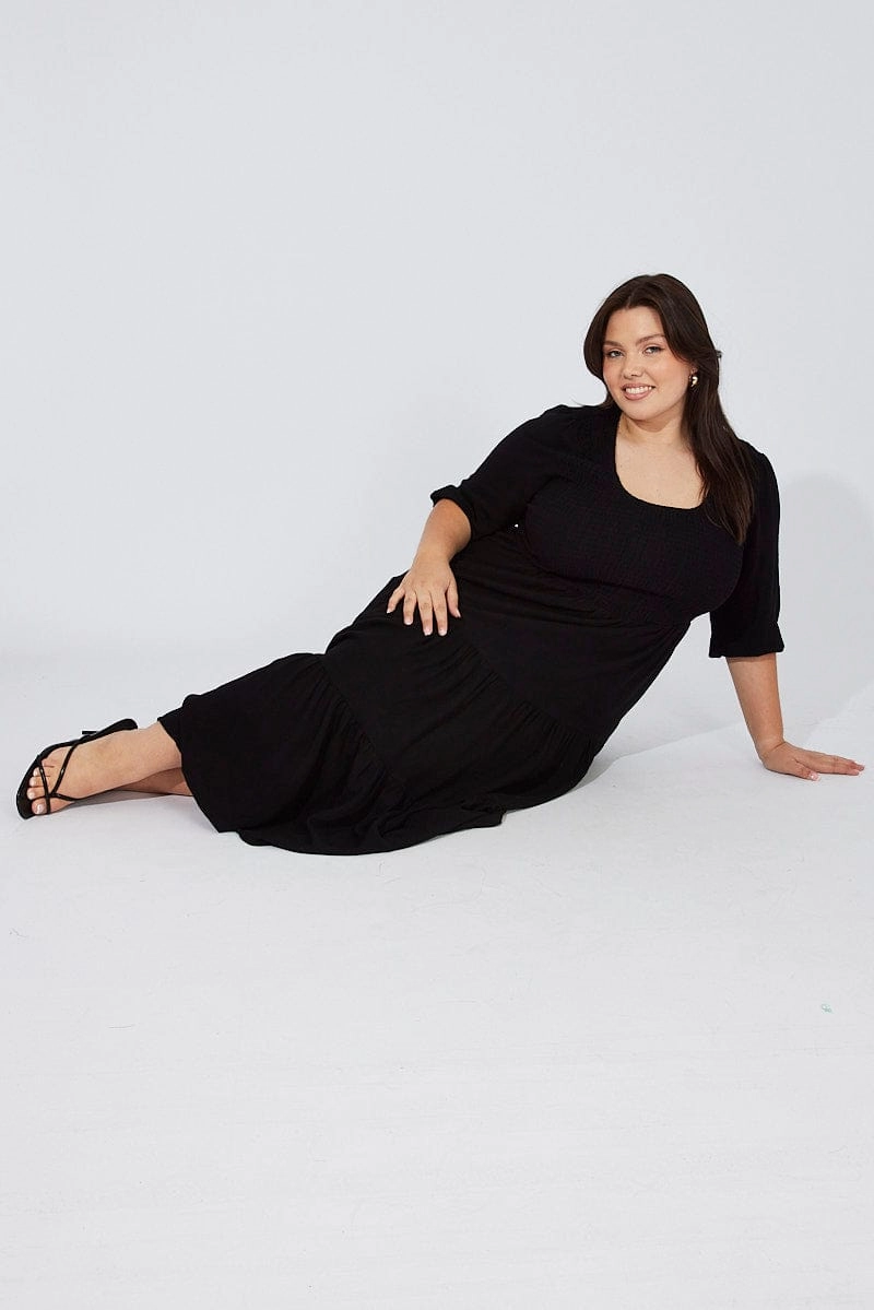 Black Shirred Bodice Linen Blend Maxidress Puff Sleeve Rooftop-Event Modern Staple