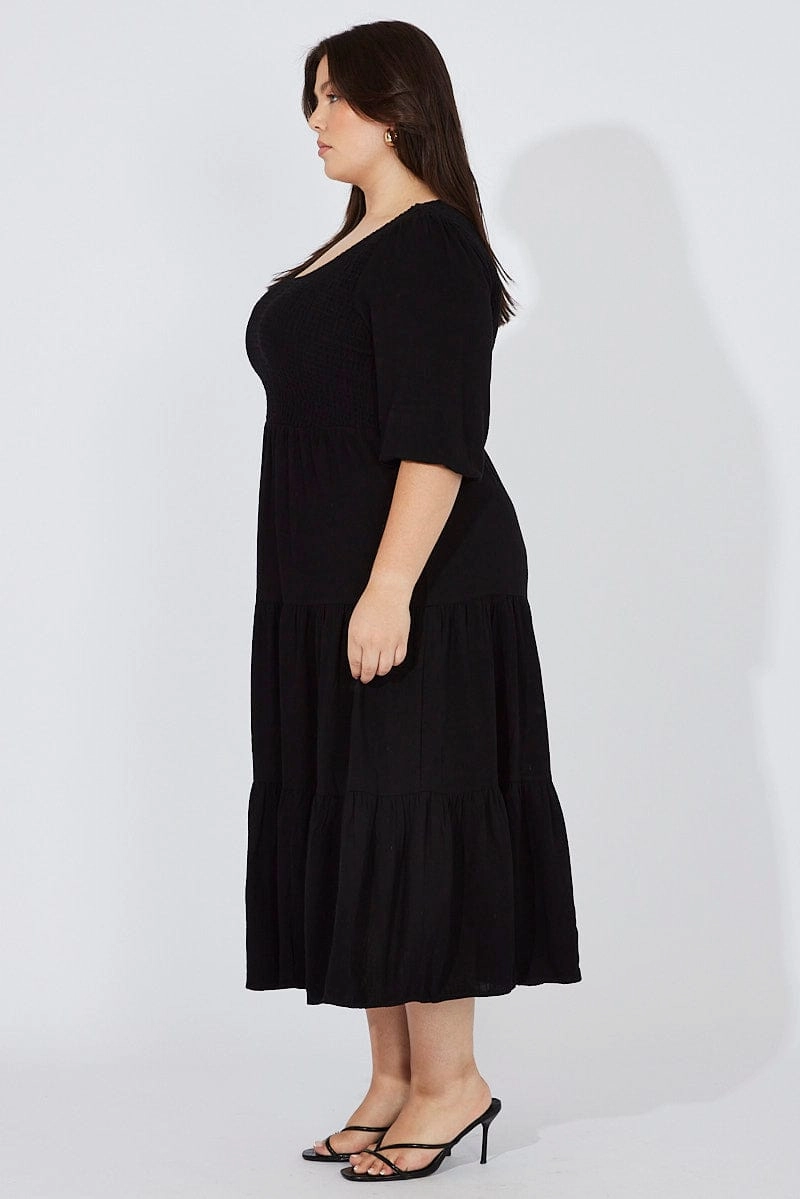 Fall Piece Black Shirred Bodice Linen Blend Maxidress Puff Sleeve