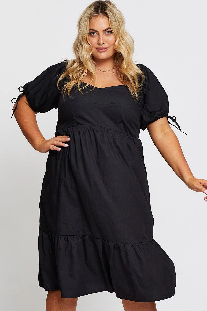 Flared shape Light Cloud Black Short Puff Sleeve Black Bust Detail Dress