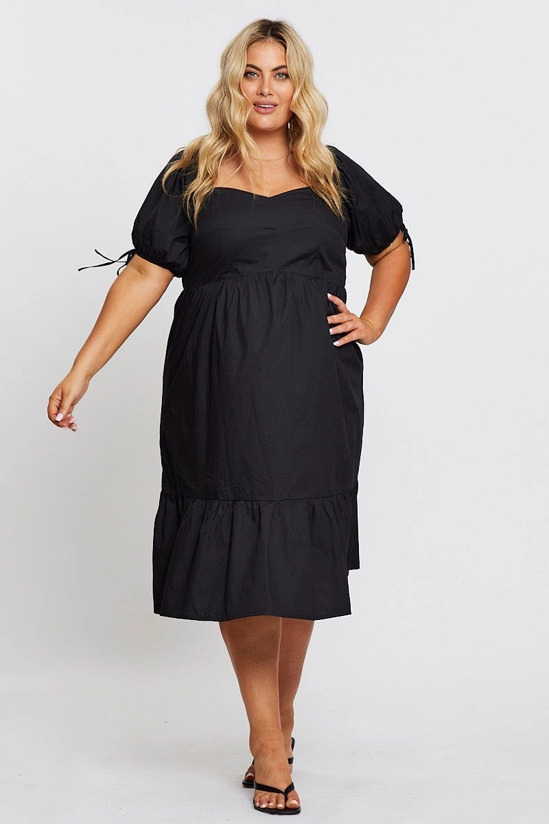 Natural Flow Black Short Puff Sleeve Black Bust Detail Dress