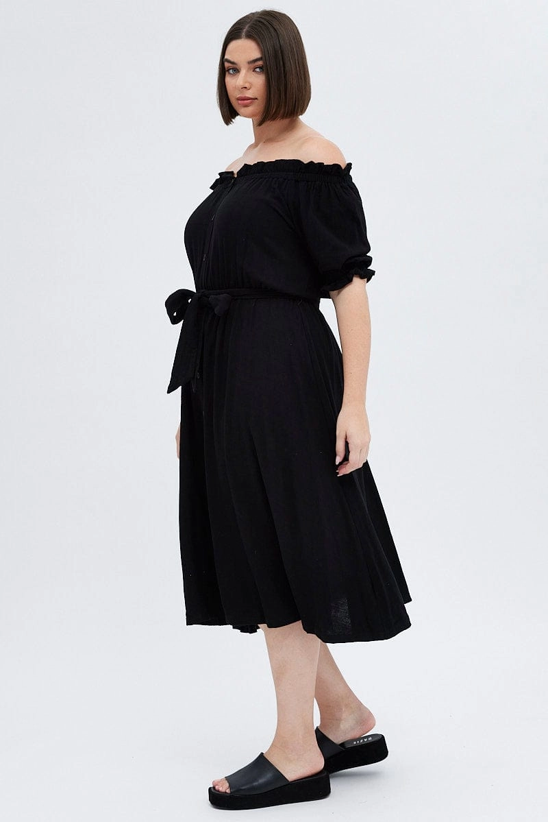 Bow-Detail Summer Outfit Black Short Sleeve Linen Button Midi Dress