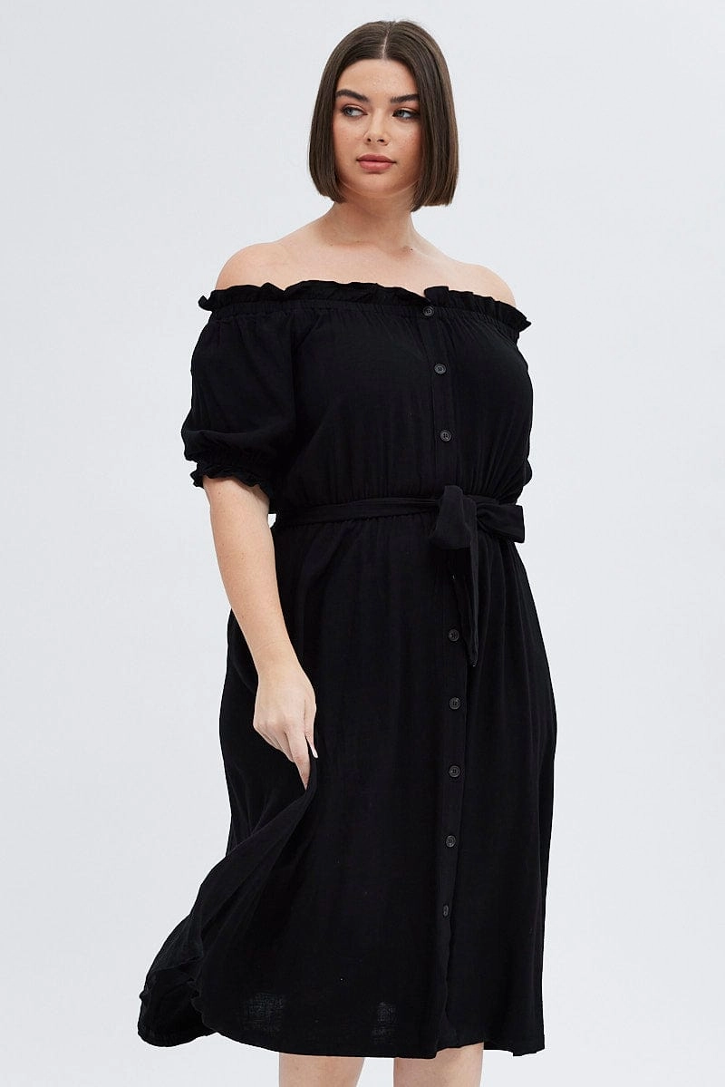 Black Short Sleeve Linen Button Midi Dress Fair-Trade