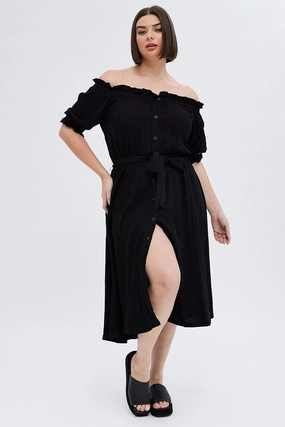 Modern Waist Shine Finish Black Short Sleeve Linen Button Midi Dress