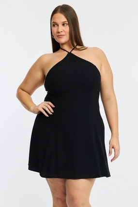 Boxy-Style Magnetic-Closure Black Skater Dress Halter Neck