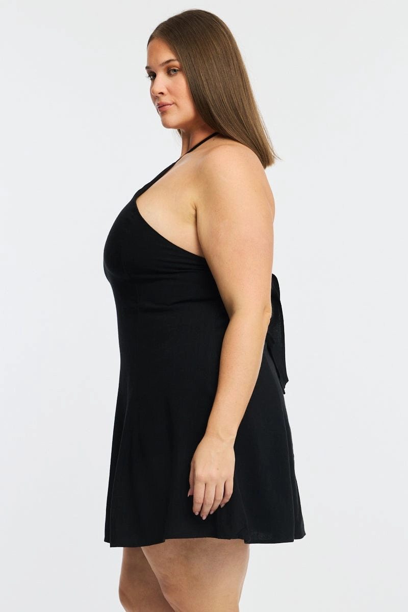 Textured Surface Black Skater Dress Halter Neck