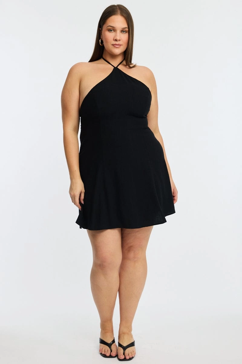 Warm Pink Black Skater Dress Halter Neck