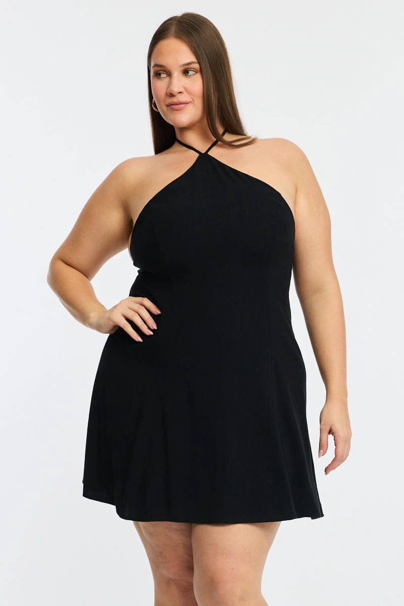 Boxy-Style Magnetic-Closure Black Skater Dress Halter Neck