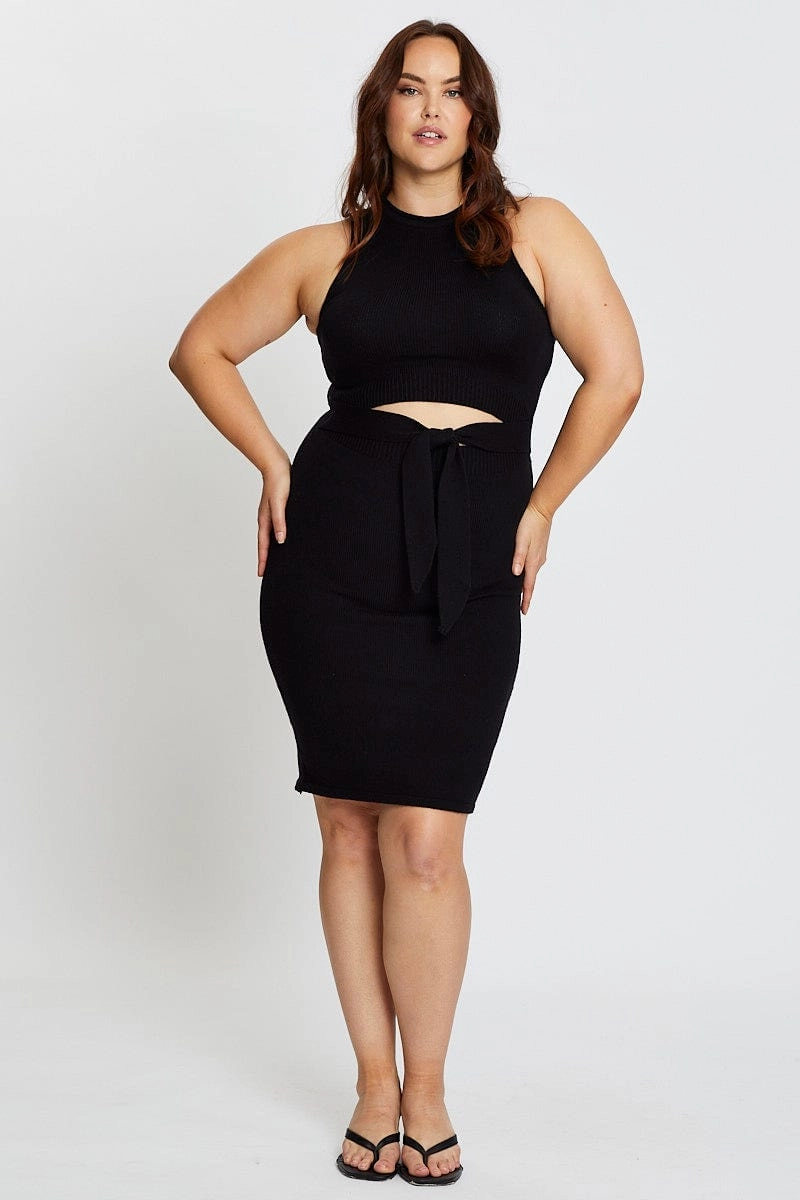 Black Sleeveless Tie Front Knitted Dress Work Friendly Silky Drape