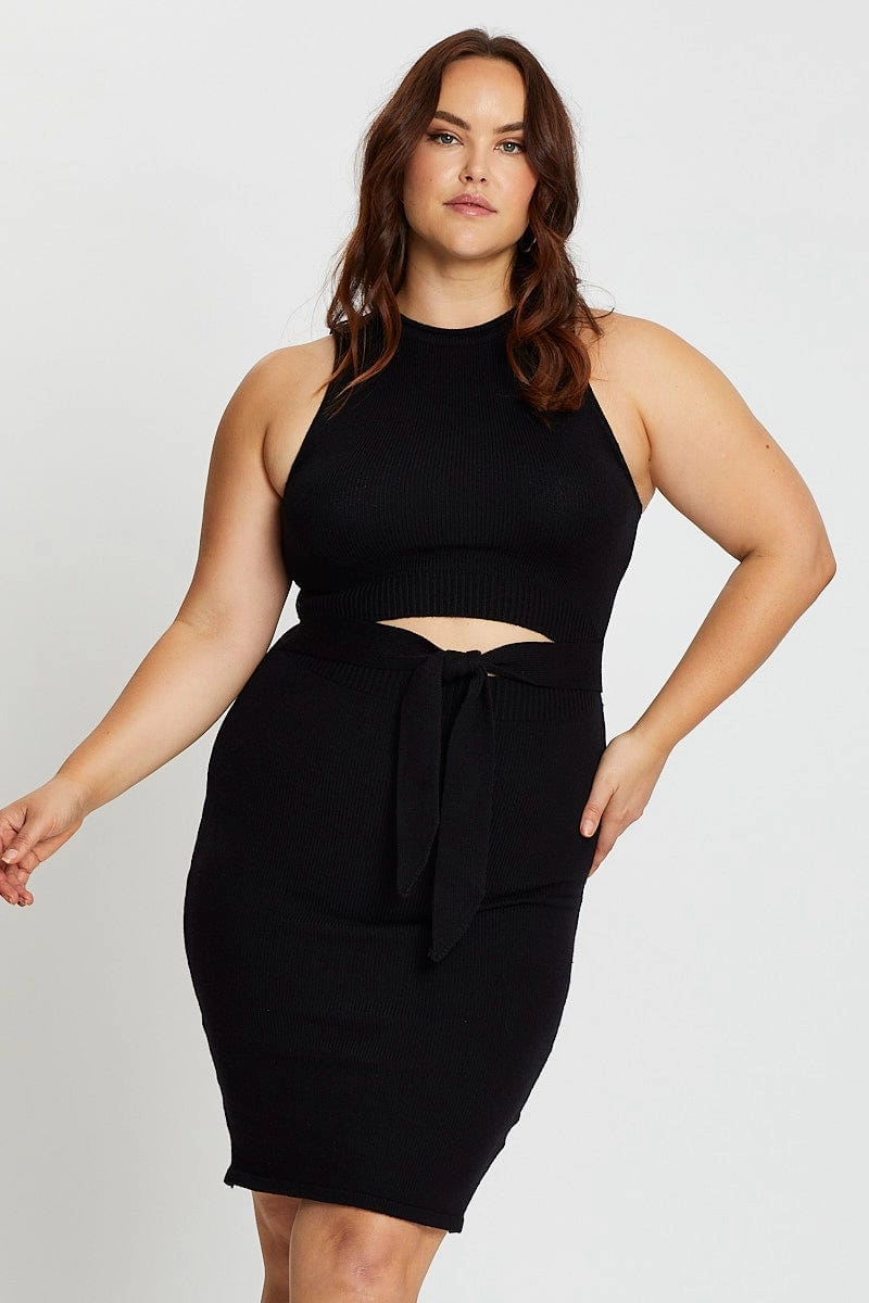 Effortless Look Black Sleeveless Tie Front Knitted Dress